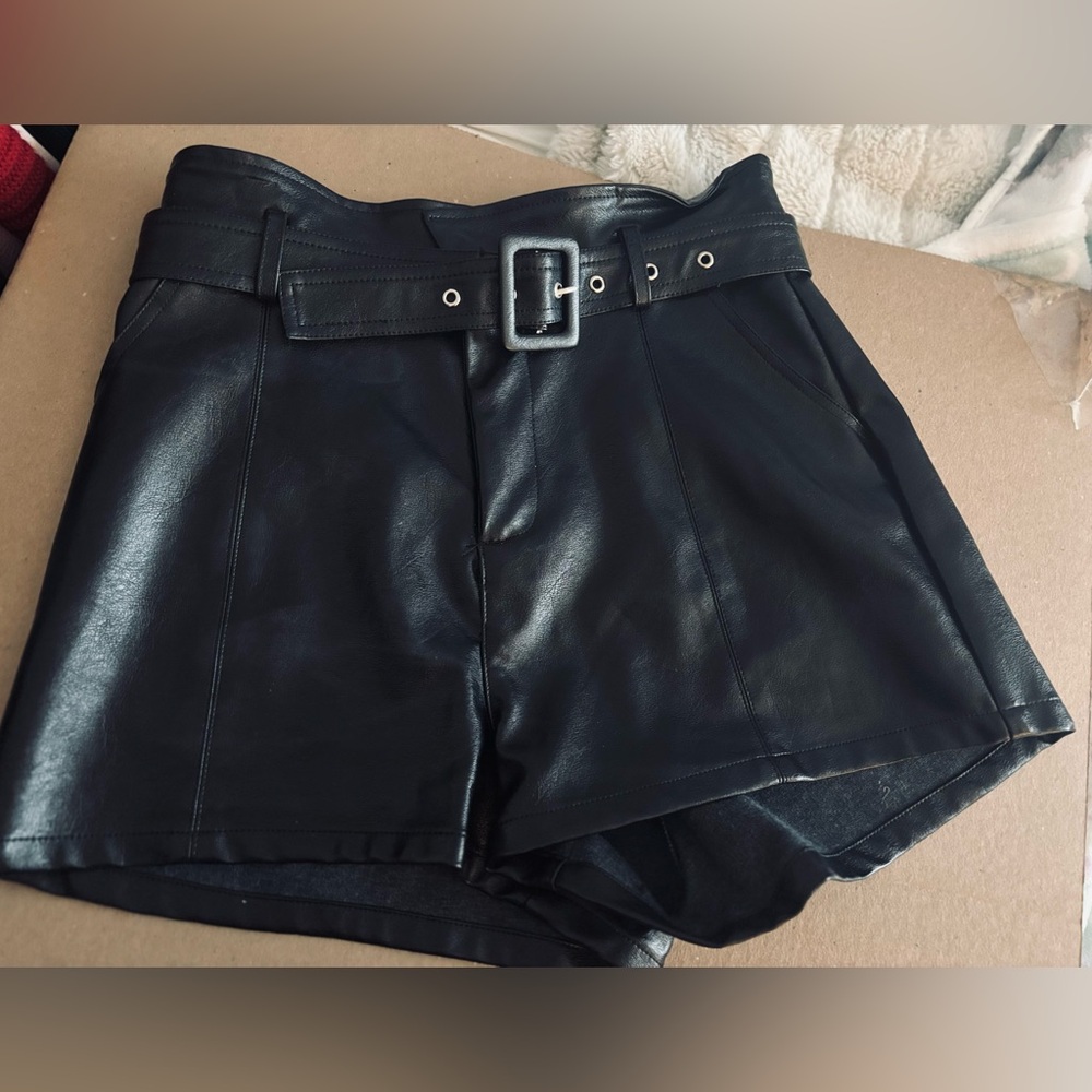Women's Belted Black Leather Shorts